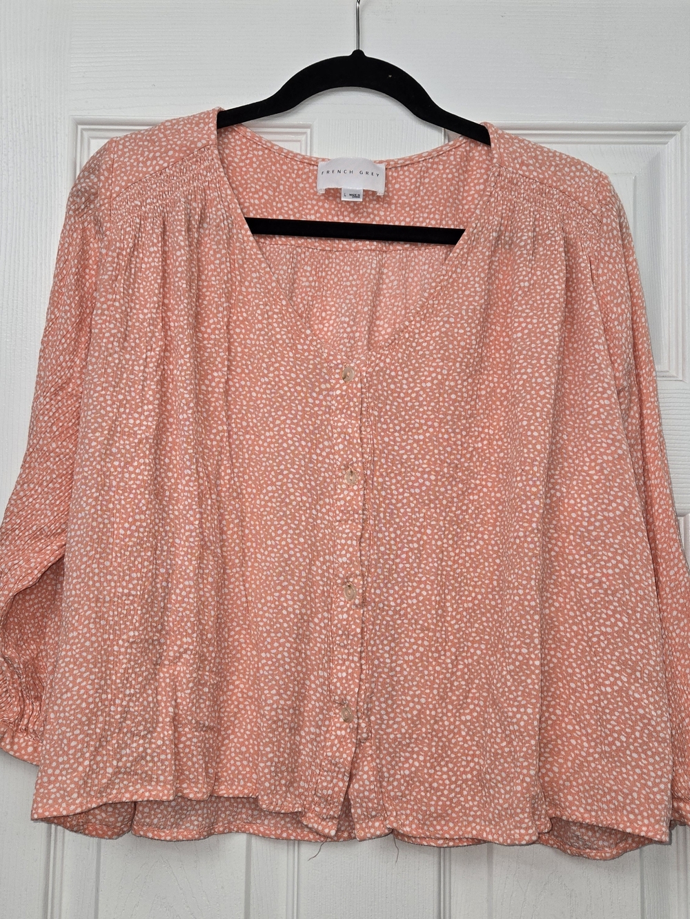 French Grey Womens Large Coral Pink Dot Button Front Crinkle Rayon Blouse Tops